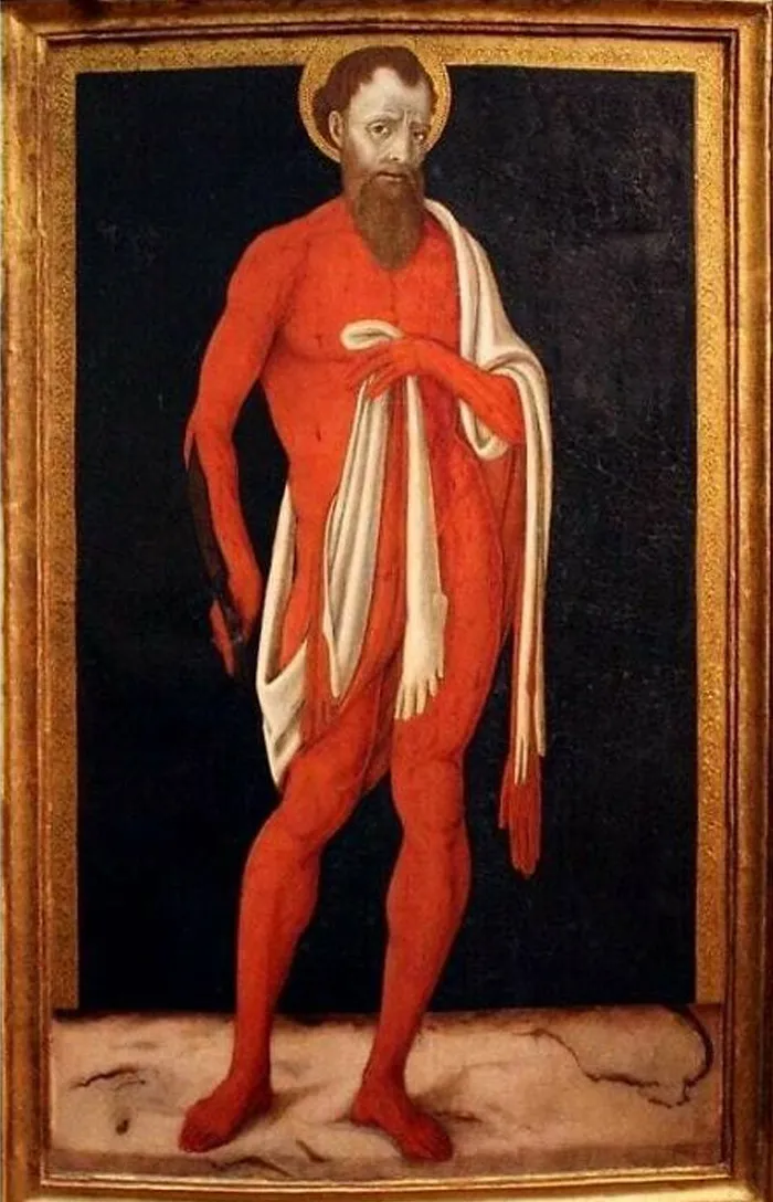 Pintura del siglo XV que retrata a San Bartolomé utilizando su propia piel como túnica luego de haber sido desollado vivo.  La verdad es que le queda de maravilla