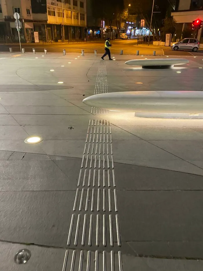 Tactile Paving For The Visually Impaired Interrupted By Giant Bench