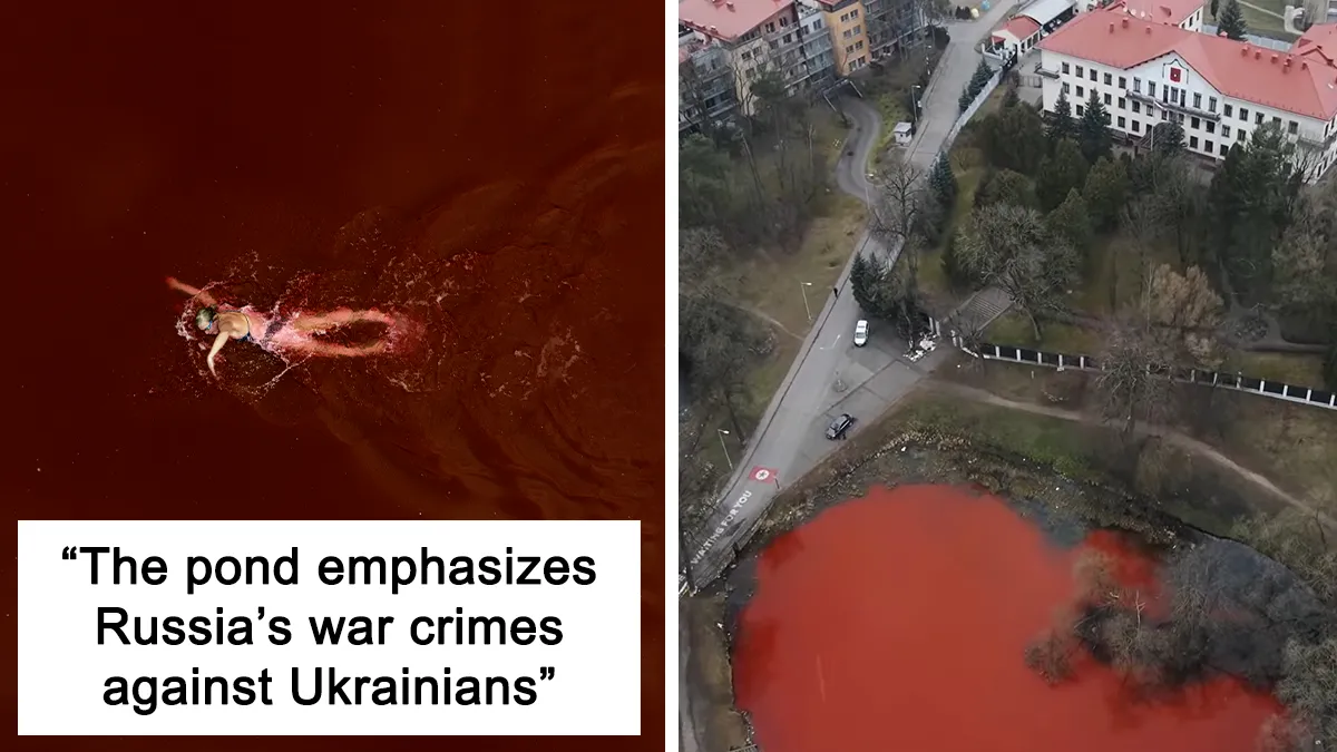 "Swimming Through": We Dyed The Pond In Front Of The Russian Embassy In Lithuania So That It Looks Like Blood