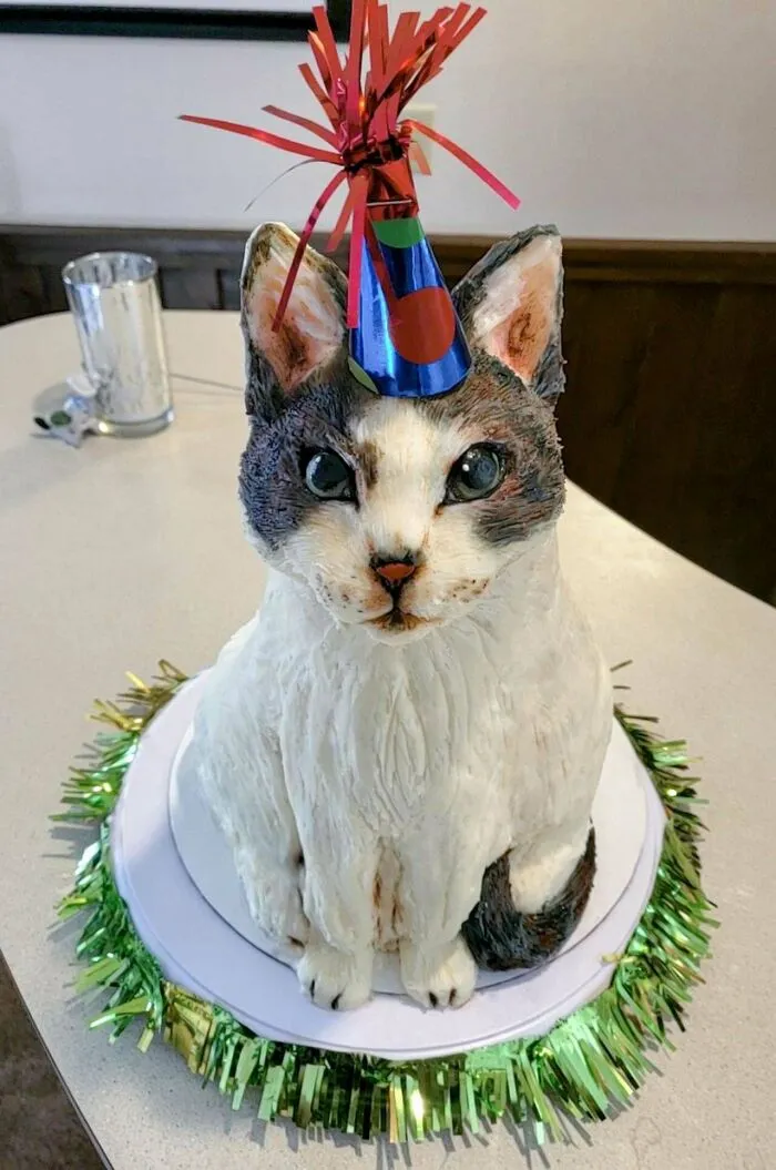Sculpted Cake My Sister Asked That I Make For Her Birthday This Year Of Her Kitty Named Tacocat! It's A Vanilla Bean Cake, No Fondant Was Used, All Decorated With Buttercream! 