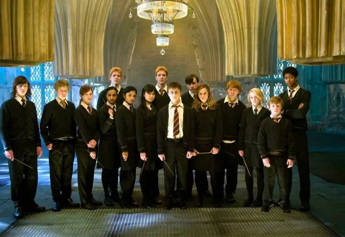 In Harry Potter And The Order Of The Phoenix (2007). Dumbledore's Army: All The Girls Are Wearing Skirts Except Ginny (3rd From Left) Who Is Wearing Pants; Probably A Hand-Me-Down From Her Brothers (Good Going Costume Department)