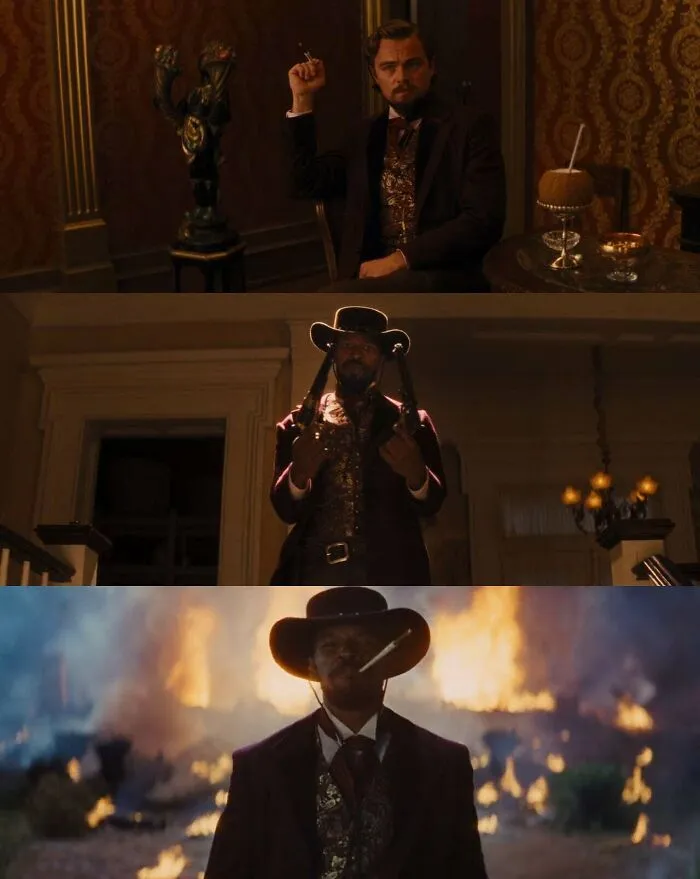 En la última escena de “Django sin cadenas” (2012), Django lleva el mismo atuendo que llevaba Calvin Candie cuando se conocieron, hasta incluso el cigarrillo largo