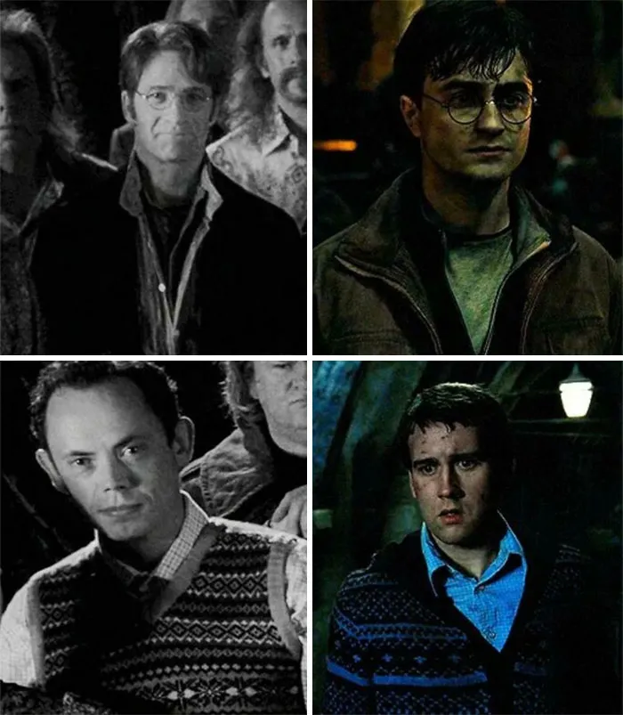 Durante la batalla de Hogwarts, Harry Potter y Neville Longbottom llevaban ropa similar a la de sus padres en una foto antigua. (“Harry Potter y las reliquias de la muerte”, parte 2,  2011)