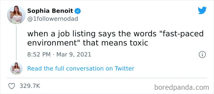 Tweet by Sophia Benoit humorously critiques corporate job listings, highlighting the phrase "fast-paced environment" as a red flag.