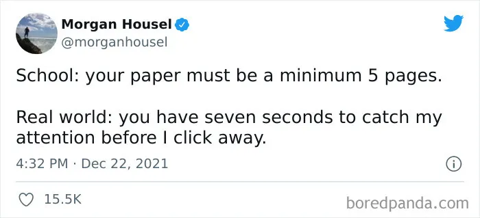 Tweet comparing a school paper requirement to real-world attention span, highlighting corporate humor.