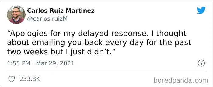 Tweet about corporate humor with a relatable apology for a delayed email response.
