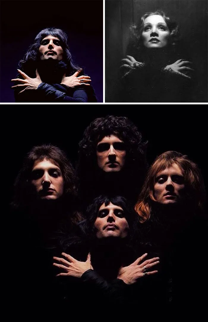 "Le mostré a Freddie una foto de Marlene Dietrich de 'El Expreso de Shanghai' y le encantó". - Mick Rock (Freddie Mercury y Queen fotografiados por Mick Rock, Londres, 1974)