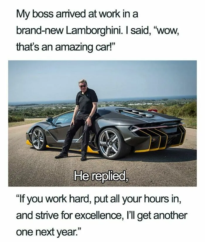 Boss standing by a Lamborghini, joking about getting another one next year as part of corporate humor.