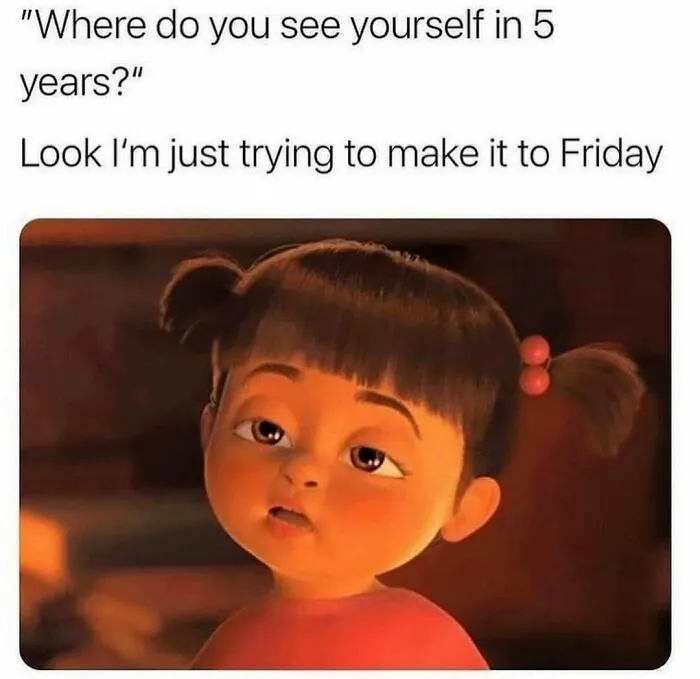 Animated girl looking tired with caption about surviving office life for corporate humor.