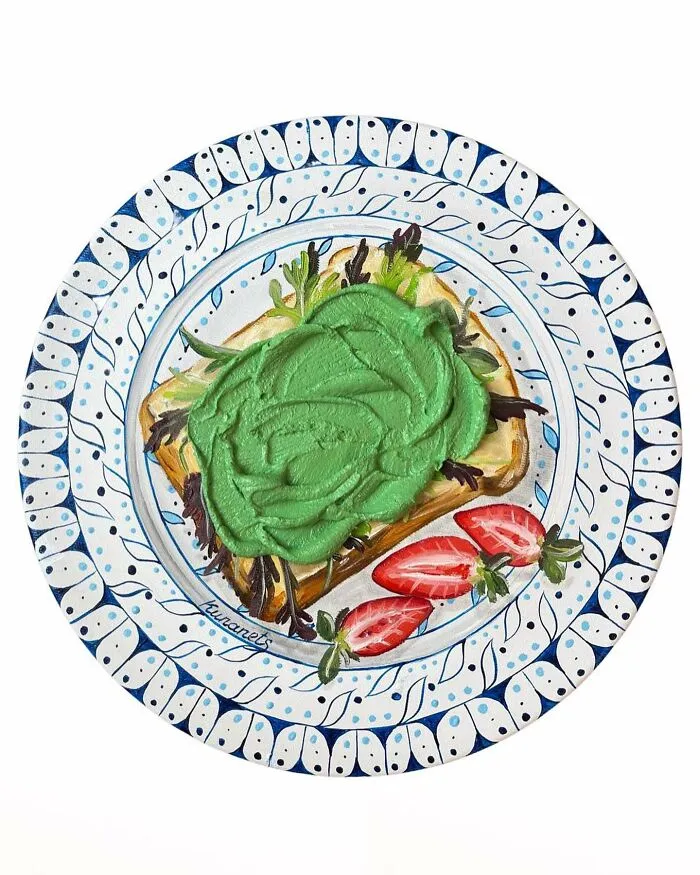 This Ukrainian Artist Paints Vintage Plates With 3D Food Of All Kinds (35 Pics)