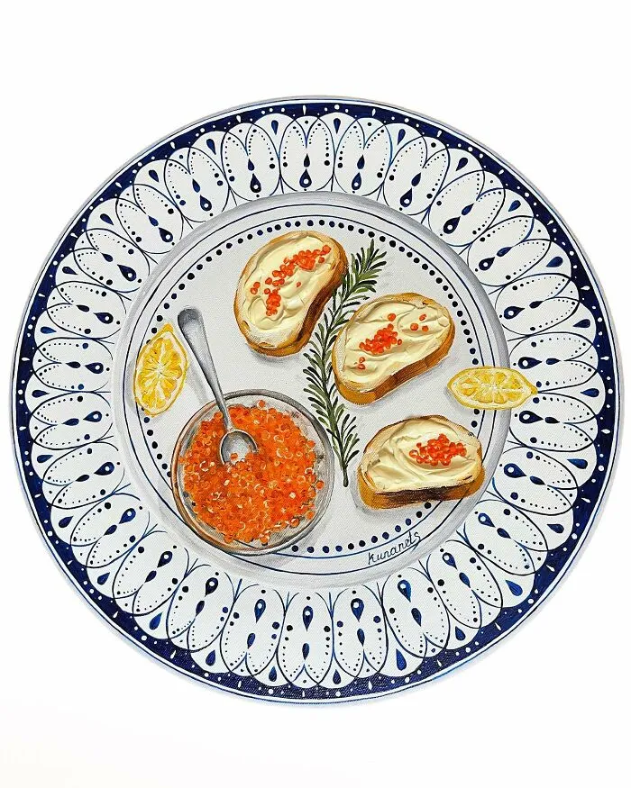 This Ukrainian Artist Paints Vintage Plates With 3D Food Of All Kinds (35 Pics)