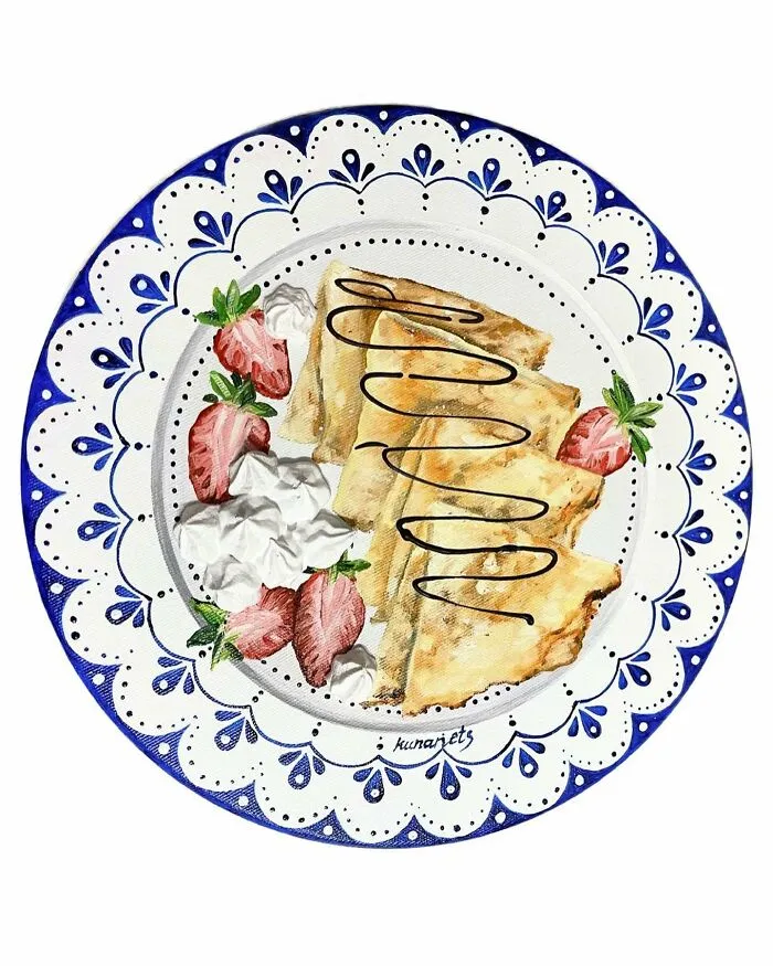 This Ukrainian Artist Paints Vintage Plates With 3D Food Of All Kinds (35 Pics)