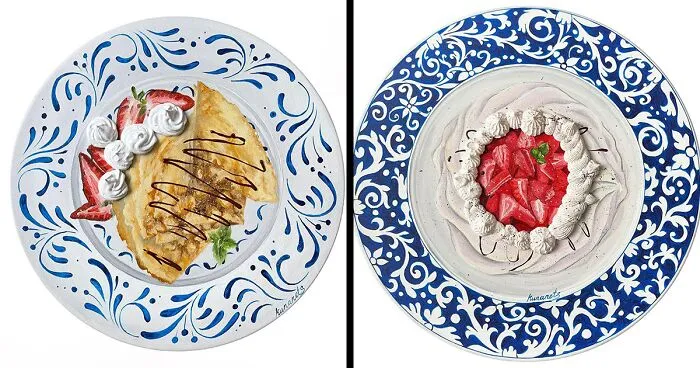 This Ukrainian Artist Paints Vintage Plates With 3D Food Of All Kinds (35 Pics)
