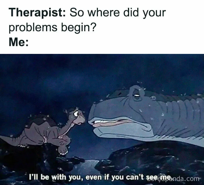 Millennial meme shows a dinosaur therapy session with a humorous twist on emotional issues.