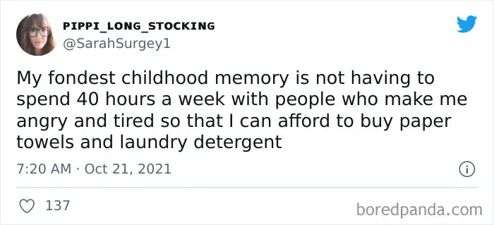 Millennial meme about work fatigue and childhood memories from Twitter user.