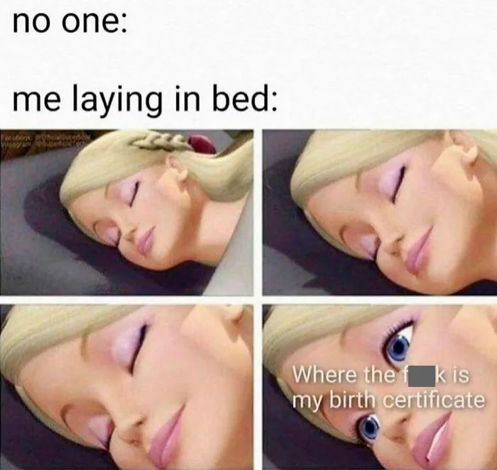 Barbie meme depicting a funny millennial moment in bed, searching for a birth certificate.