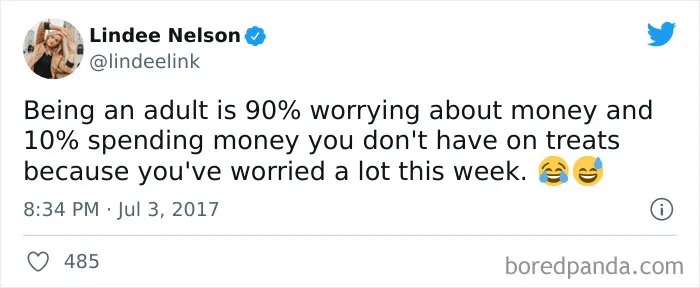 Millennials meme about adulting; 90% worrying about money, 10% spending it on treats.