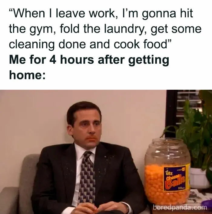 Millennial humor meme: a man in a suit sits tiredly next to a jar of cheese balls reflecting exhaustion after work.