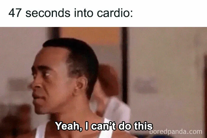 Meme of a man giving up during cardio, reflecting millennial fatigue.