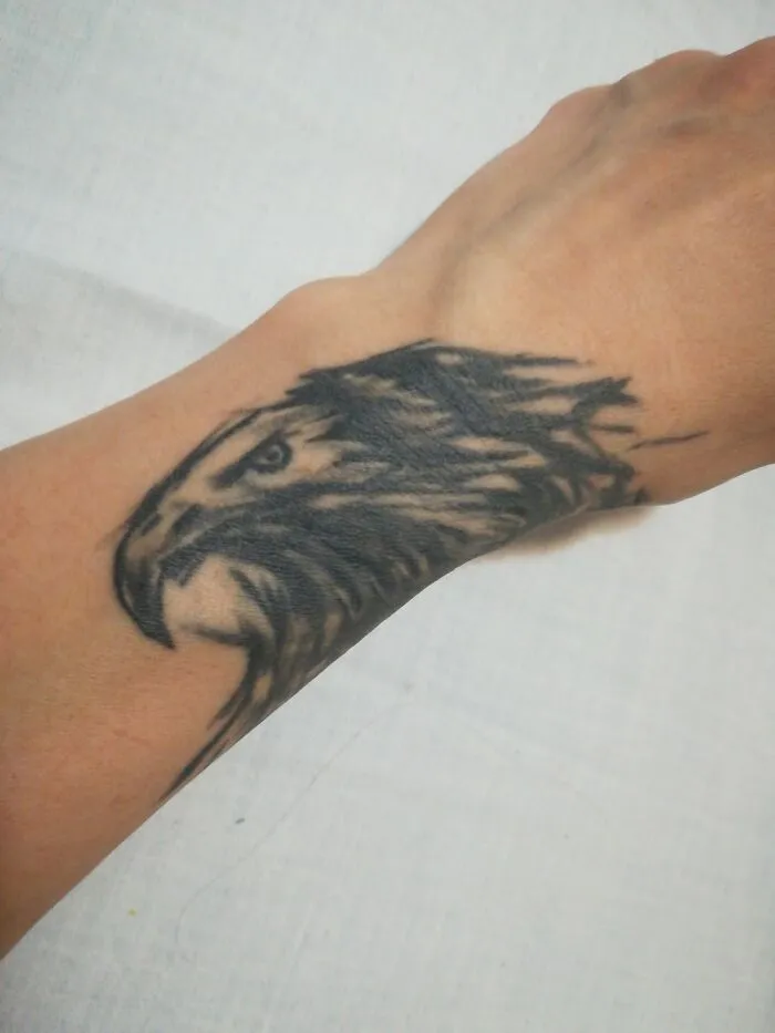 Eagle tattoo on forearm, showcasing intricate design and shading as part of personal body art collection.