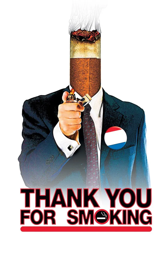 Illustration of a man with a cigarette head lighting a lighter, representing dark comedy movies and twisted humor themes.