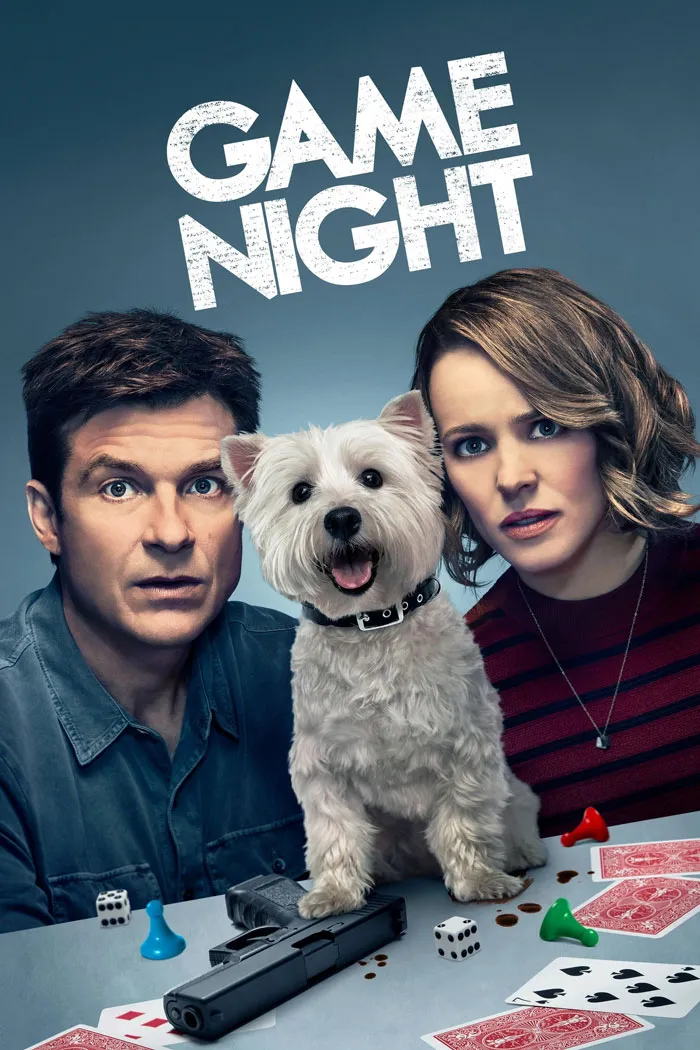 Movie poster for a dark comedy featuring a man, woman, dog, playing cards, dice, and a handgun on the table.