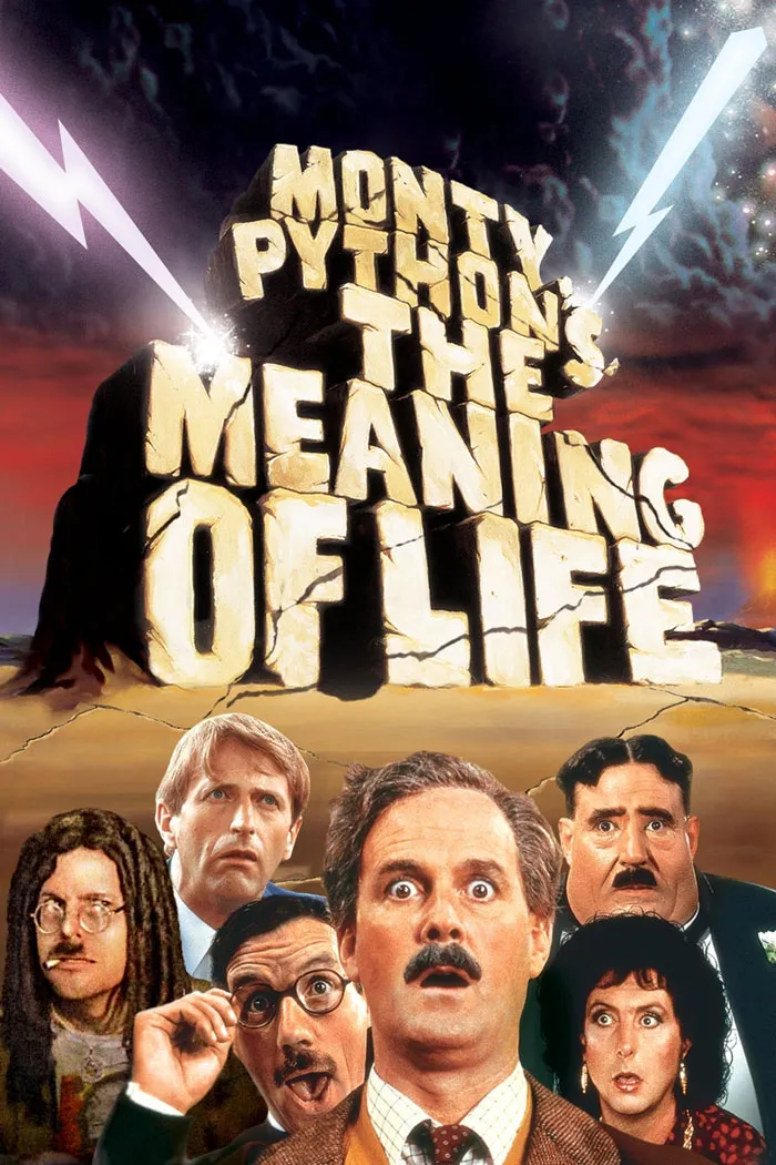 Poster of a dark comedy movie featuring six characters with expressive faces under a stormy sky and large stone text.