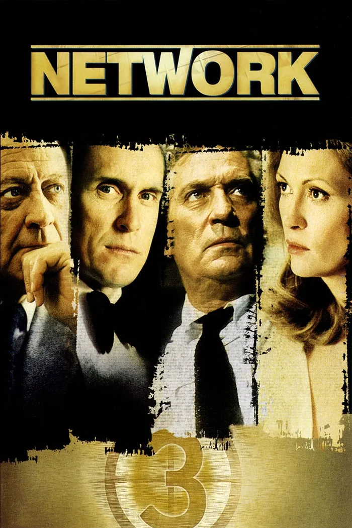 Movie poster featuring four serious characters under the title Network, promoting dark comedy movies with a twisted laugh theme.