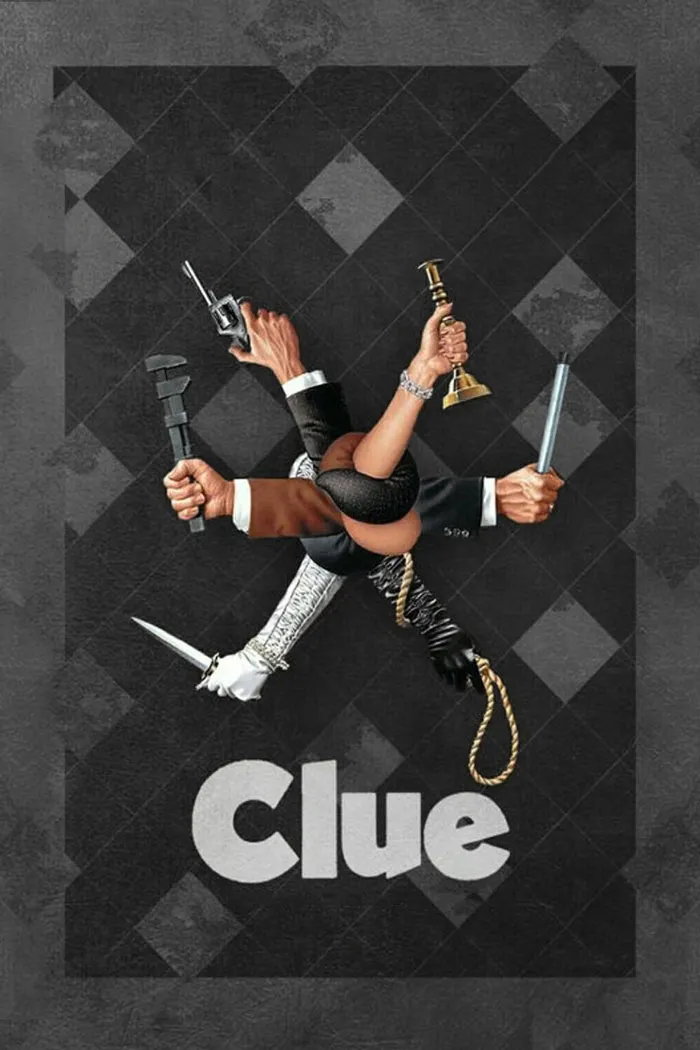Artistic poster for a dark comedy movie featuring crossed arms holding weapons and objects symbolizing twisted humor.