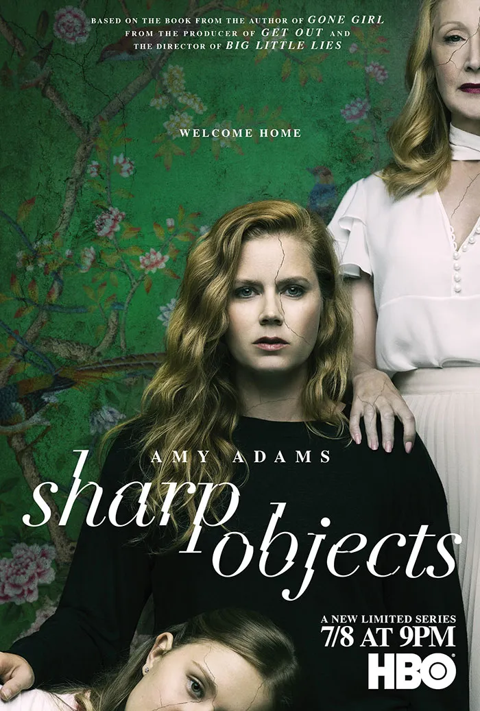 Sharp Objects HBO series poster, featuring intense expressions among floral wallpaper backdrop.