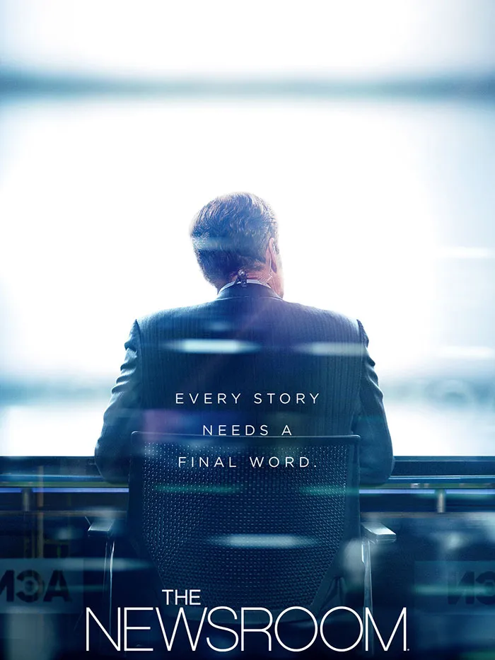 Back view of a man sitting at a news desk with text overlay promoting "The Newsroom," an HBO TV show.