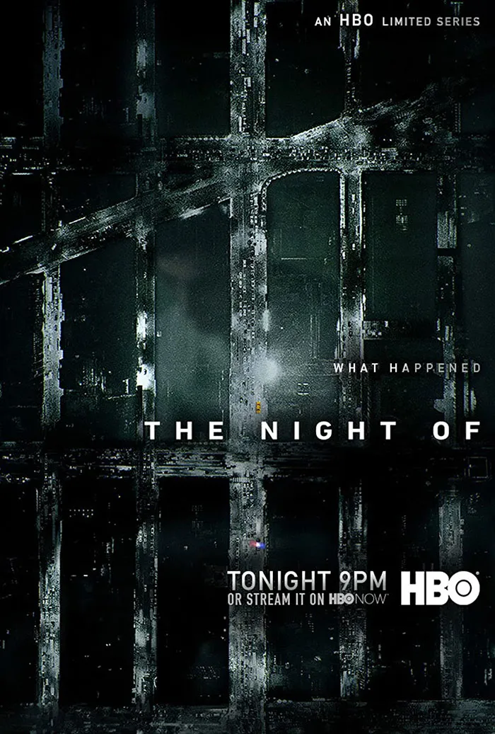 "The Night Of" HBO series poster, featuring a dark aerial street view with text promoting the show.