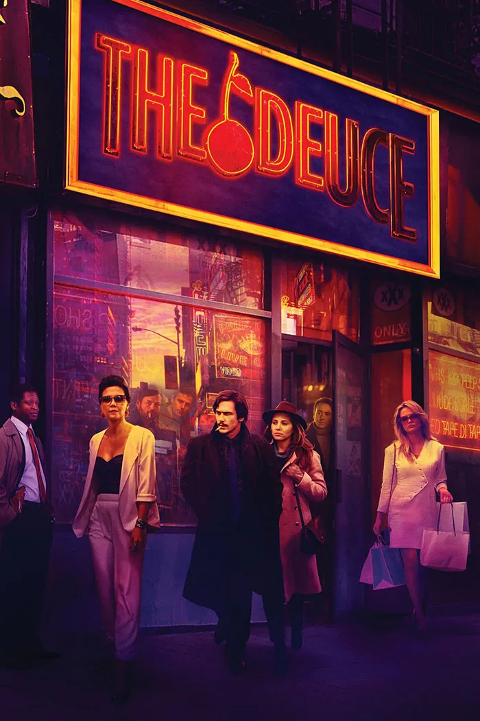 Characters stand outside The Deuce bar, a setting from one of the best HBO TV shows.