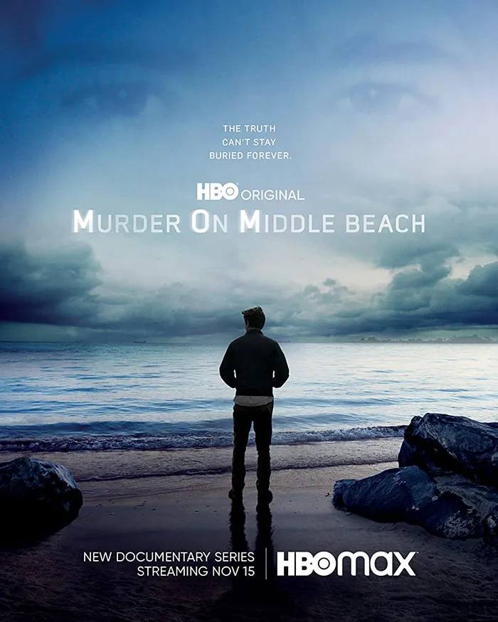 Person standing on a beach facing the ocean, promoting HBO show "Murder on Middle Beach."
