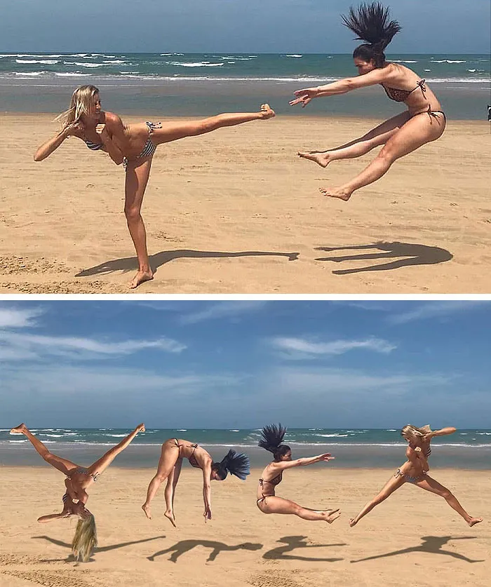 Dos personas "peleando" en la playa