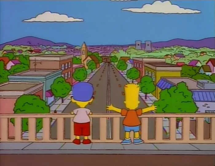 Two Simpsons characters standing on a bridge overlooking Springfield street, highlighting Simpsons fans' small detail theories.