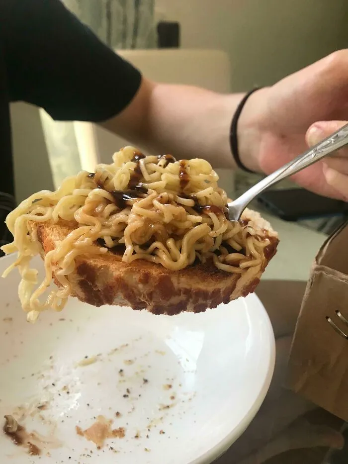 Toast, Plain Indomie Noodles, And BBQ Sauce. My Boyfriend Is A Cretin