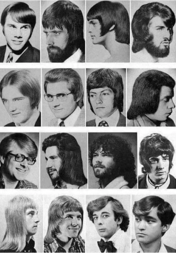 A collage of men with retro, unusual hairstyles, showcasing some of the worst hairstyle trends.