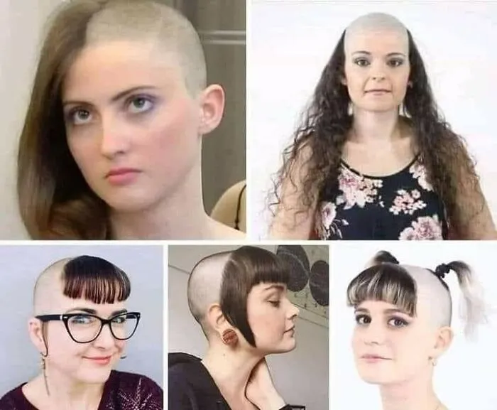 Collage of women with unique and unusual hairstyles showcasing shaved and styled hair.