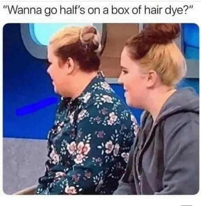 Two people with matching half-blonde hairstyles sitting side by side, showcasing unique hair choices.