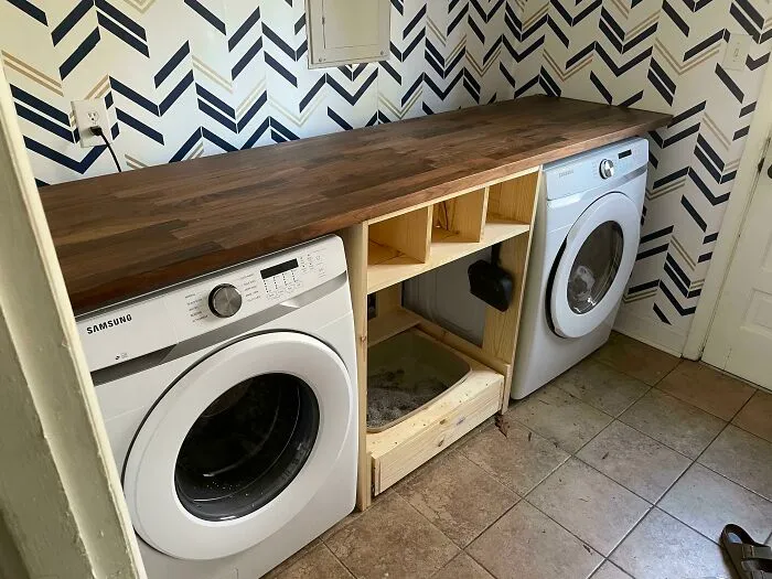Karlby Laundry Room Counter + Custom Shoe Rack/Cat Litter Drawer