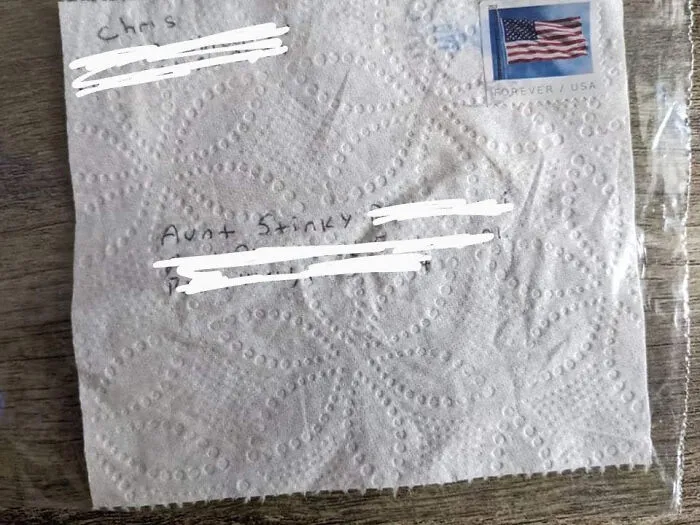 Le envié a mi hermana un pedazo de papel higiénico y fue entregado