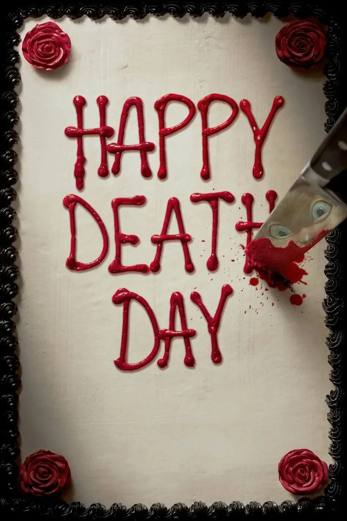 Cake with red icing text saying Happy Death Day and a knife smeared with red icing, representing horror comedies theme.