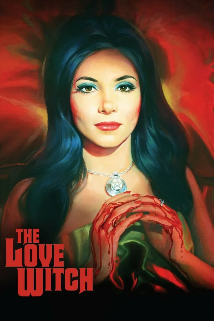 Woman with long dark hair and bloodied hands wearing a pentacle necklace, representing horror comedies with eerie vibes.