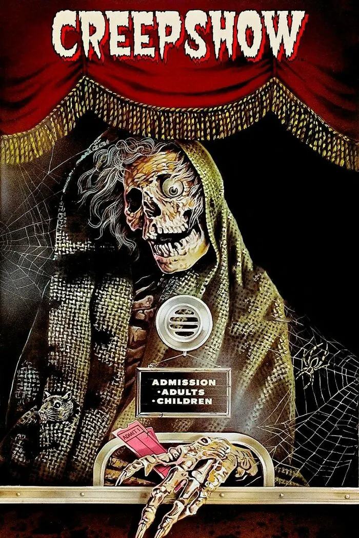 Skeleton figure at a ticket booth with spider webs, illustrating a classic horror comedy movie poster concept.