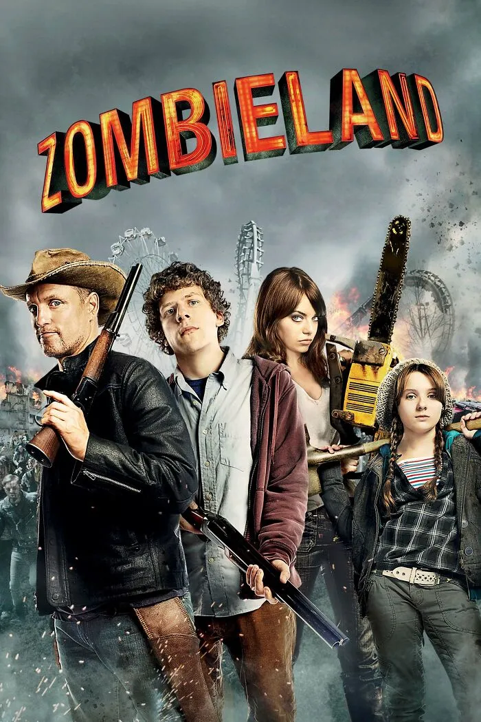 Promotional poster for a horror comedy featuring armed characters in a post-apocalyptic setting with zombies in the background.
