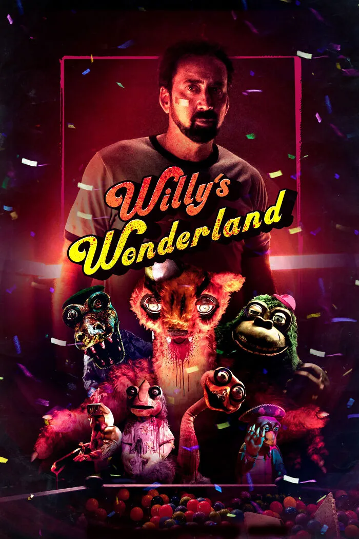 Man with bandage on face surrounded by creepy puppet characters in a horror comedy scene with vibrant confetti background.
