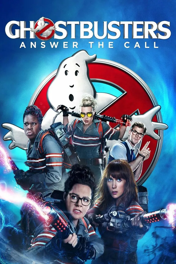 Ghostbusters characters in action with proton packs against a glowing blue background in a horror comedy scene.