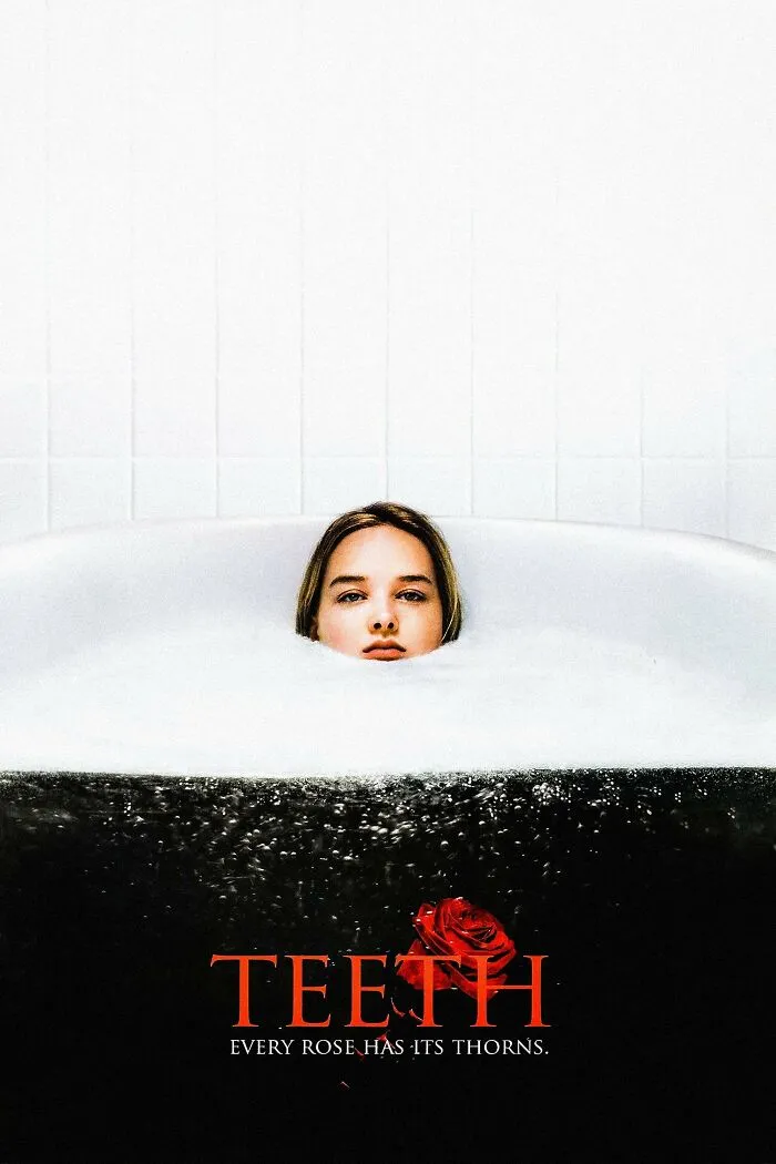 A woman partially submerged in a bathtub with dark water and a red rose, reflecting horror comedies theme.