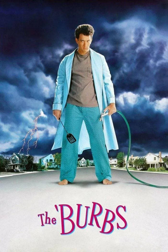 Man in pajamas and robe holding household items under stormy sky, representing horror comedy movie scene.